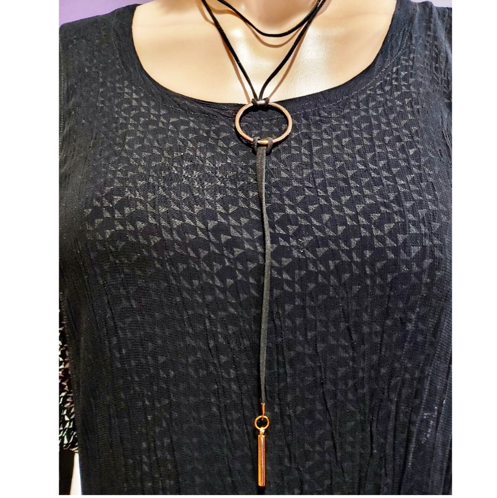 247N180 Handmade Layered Black Leather Choker  & Long Necklace